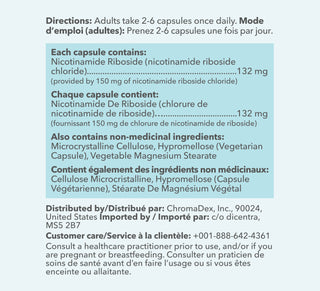 The Supplement Facts panel describing directions on how to use, which says "Adults take 2-6 capsules once daily".  Each serving provides 132 mg of Niagen provided by 150mg of Nicotinamide riboside chloride.