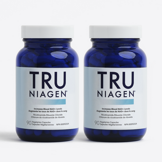 Two bottles of Tru Niagen supplement with 300mg of Niagen, designed to increase blood NAD+ levels.