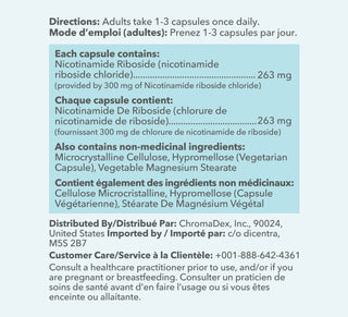The Supplement Facts panel describing directions on how to use, which says "Adults take 1-3 capsules once daily".  Each serving provides 263 mg of Niagen provided by 300 mg of Nicotinamide riboside chloride.