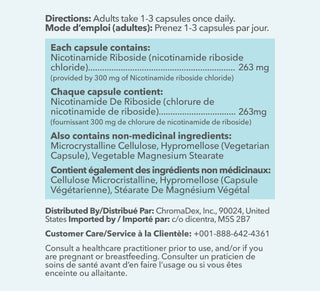 The Supplement Facts panel describing directions on how to use, which says "Adults take 1-3 capsules once daily".  Each serving provides 263 mg of Niagen provided by 300 mg of Nicotinamide riboside chloride.