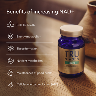 A Tru Niagen supplement bottle displayed against a blurred background, highlighting key health benefits: cellular health, energy metabolism, tissue formation, nutrient metabolism, maintenance of good health, and cellular energy production.