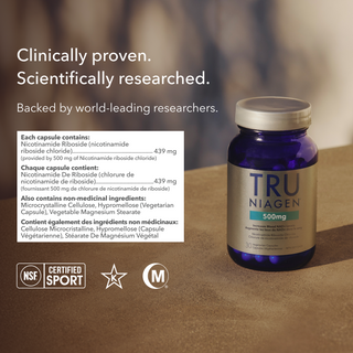 A Tru Niagen bottle, showing the Supplement Facts panel and certification logos for “NSF Certified Sport”, "Kosher," and “Halal.” Each serving provides 439 mg of Niagen provided by 500mg of Nicotinamide riboside chloride.